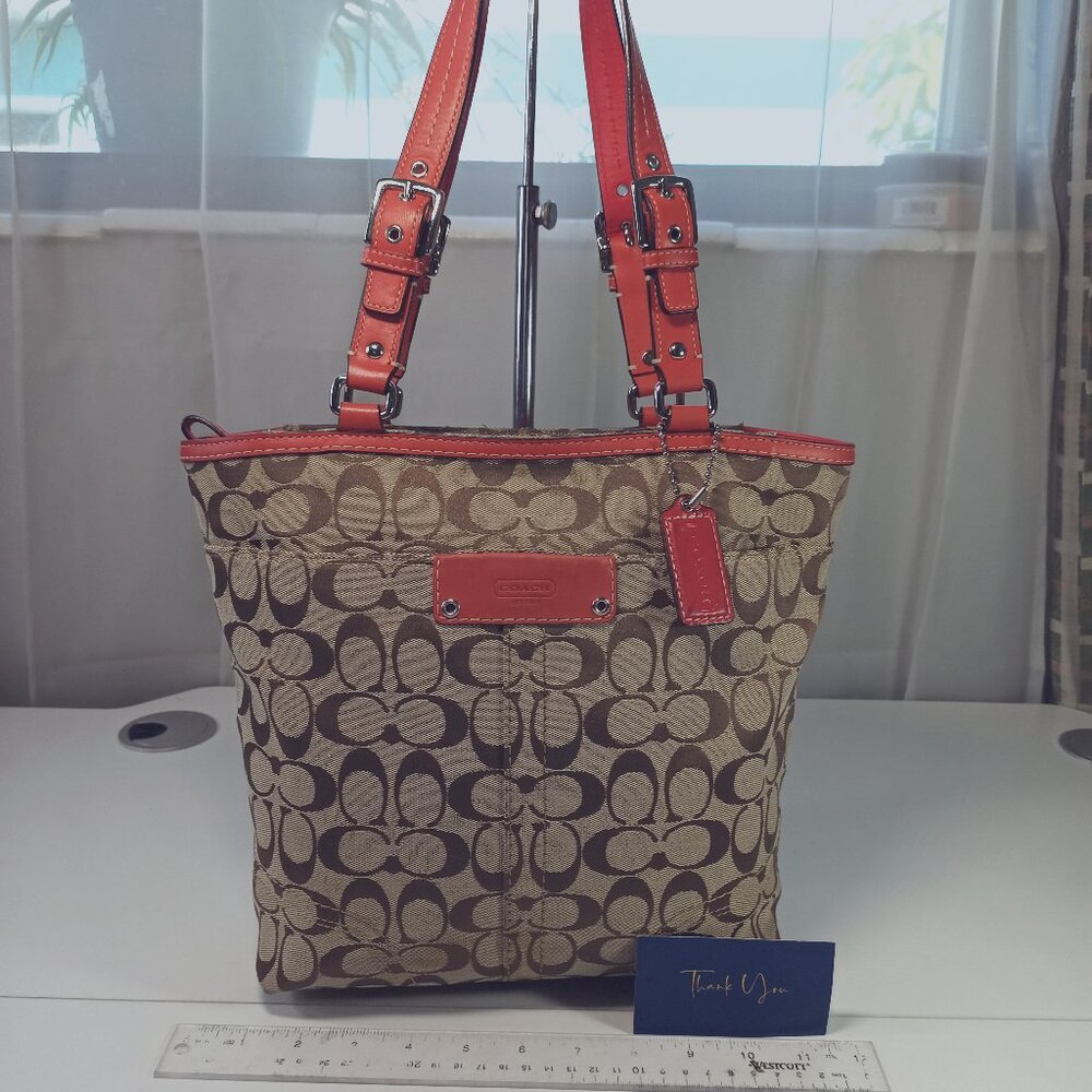 Coach Chelsea Medium Red Brown Signature Canvas Leather Straps